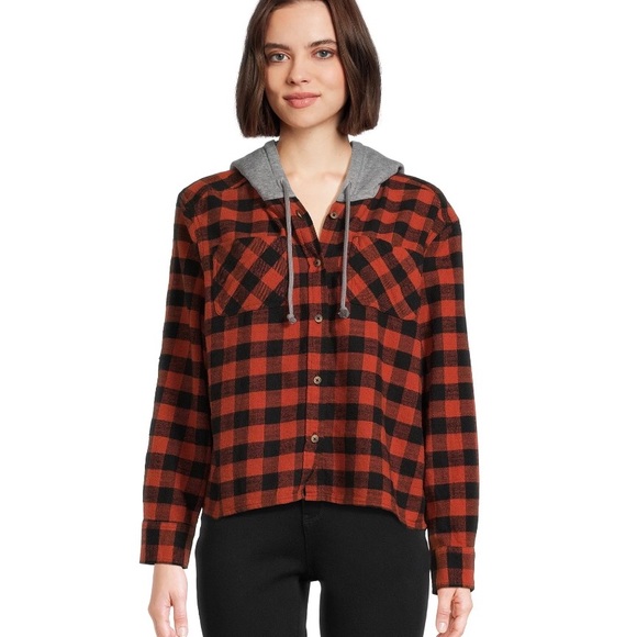 TIME and TRU Womens Flannel Hoodie Shirt Cropped Size Medium 8-10 Pockets New - Picture 2 of 8